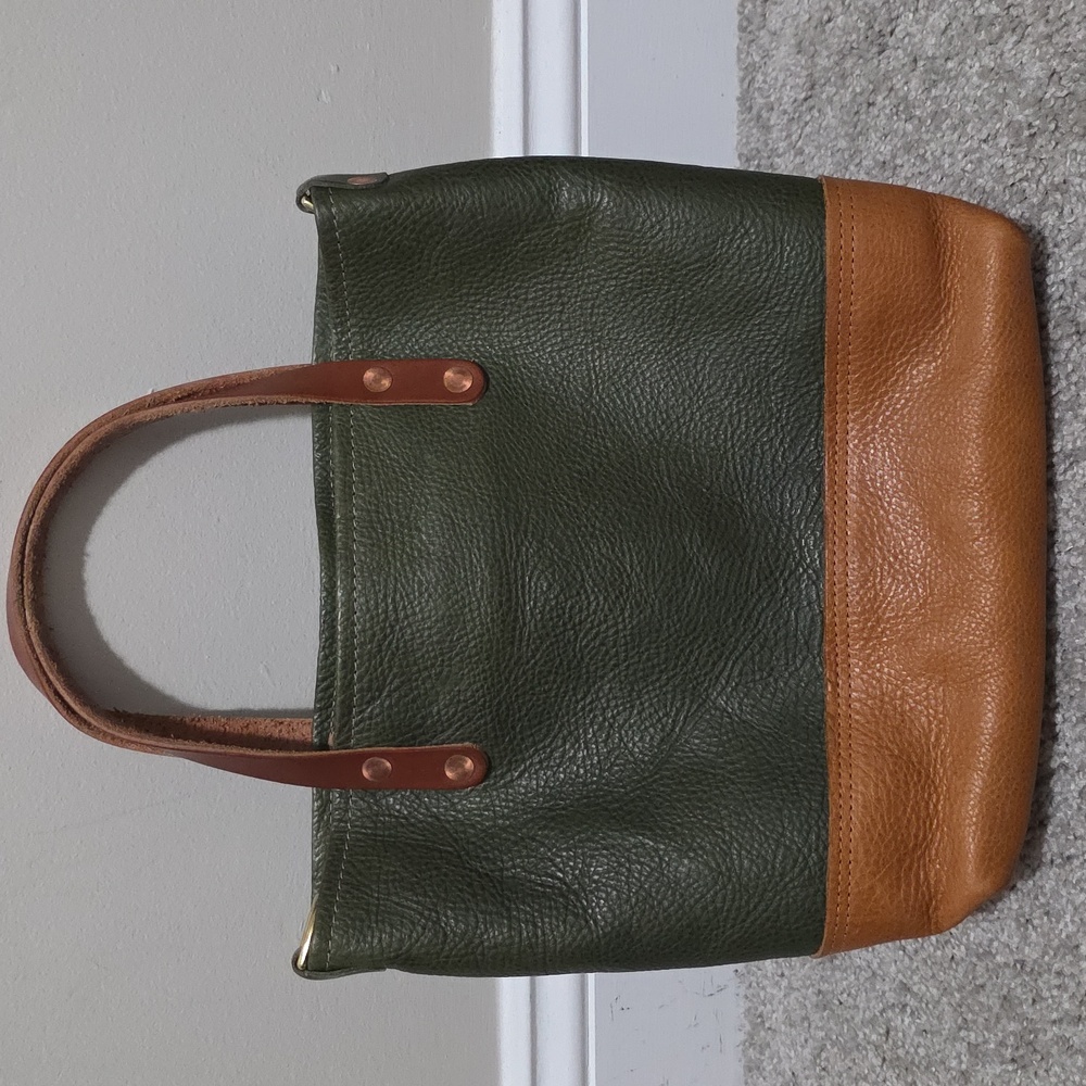 KMM & Co Leather Italian Green and Tan Mini Panel Tote Colorblock - Picture 3 of 10